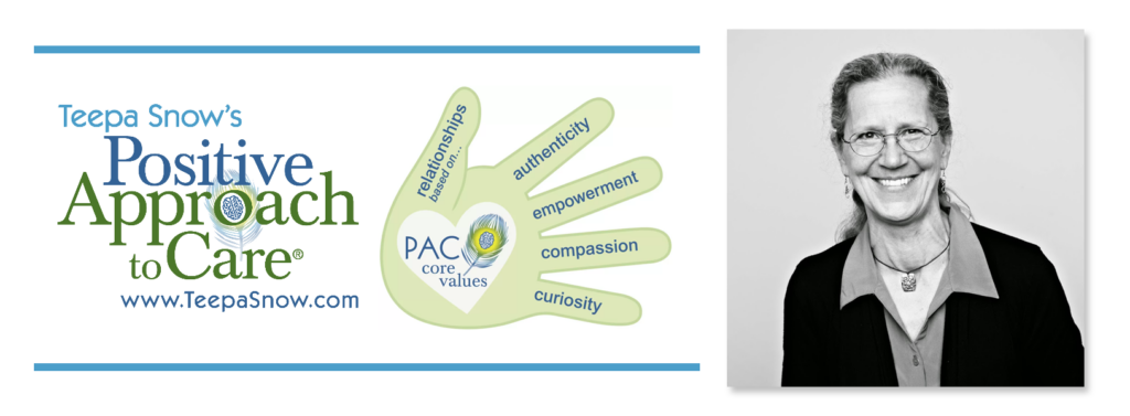 Teepa Show's Positive Approach to Care Logo, PAC Core Values and Headshot