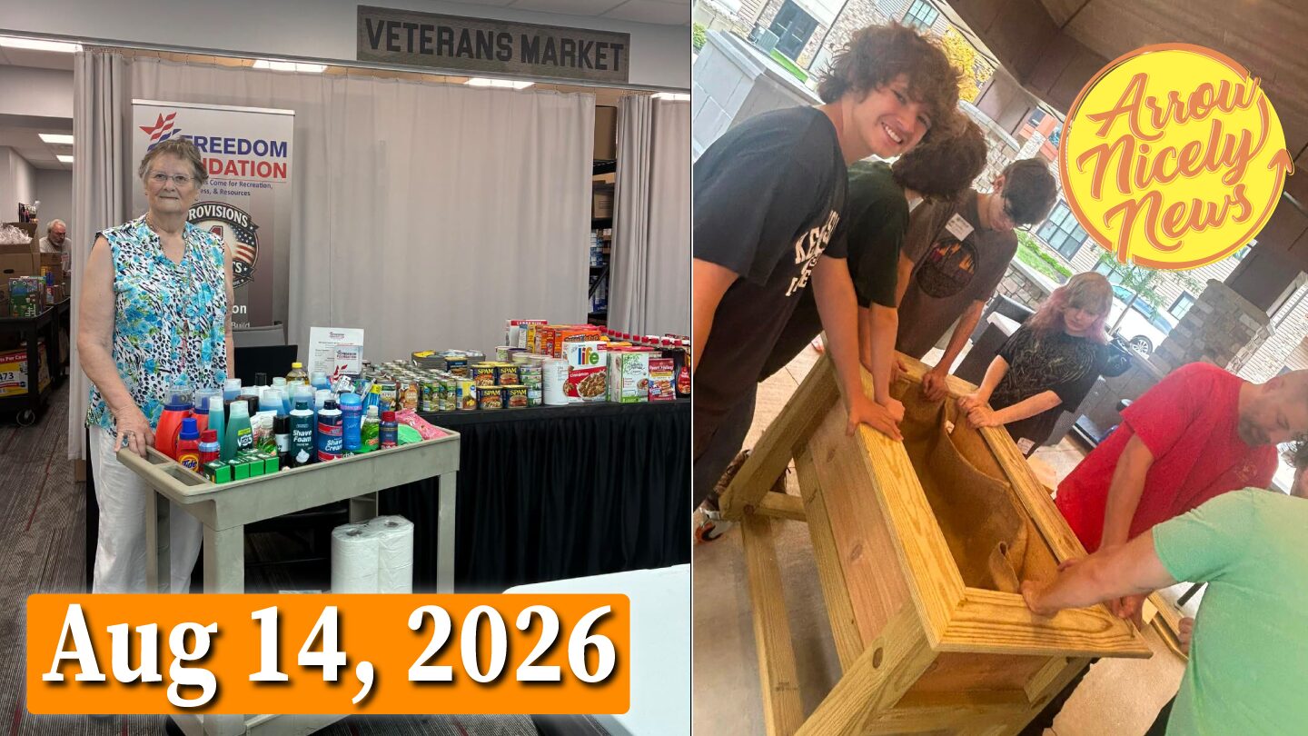Arrow Nicely News cover for August 14, 2026, showing a resident at a veterans market booth and residents building a wooden planter.