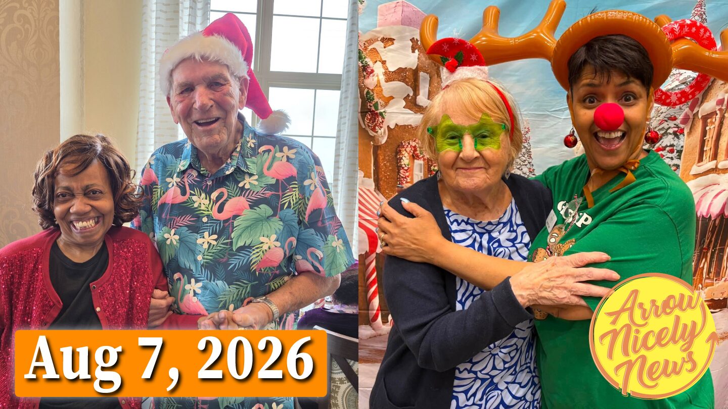 Arrow Nicely News cover for August 7, 2026, showing residents and team members in holiday costumes at a Christmas in July party.